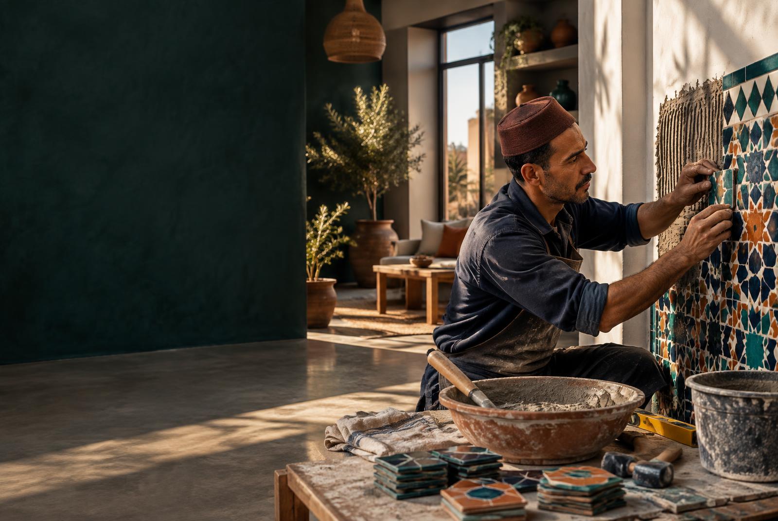 Artisan marocain réalisant un mur en zellige